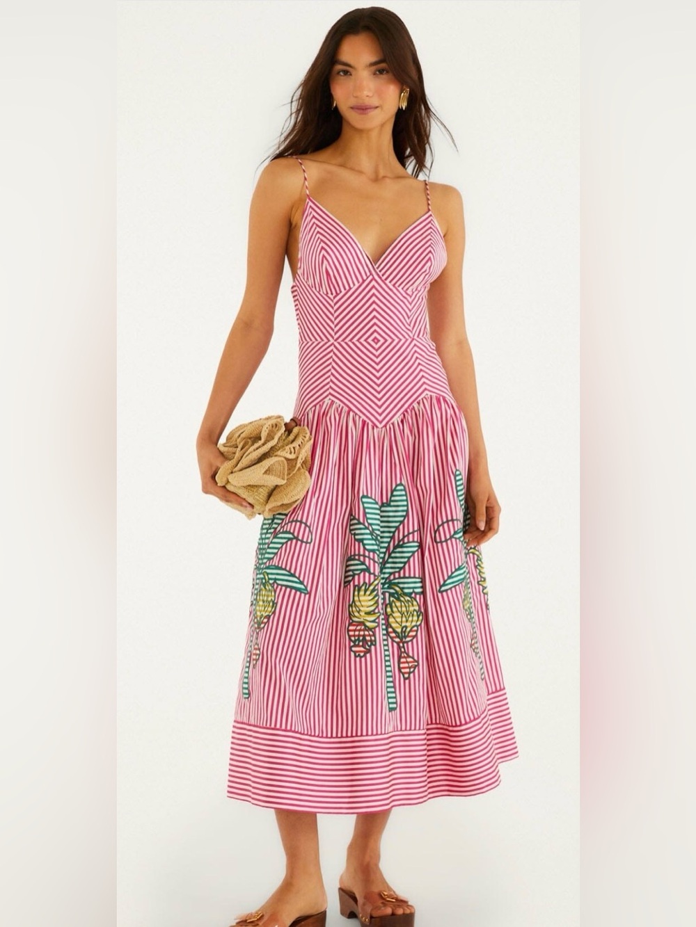 Pink Palm Tree Stripes Cutwork Midi Dress